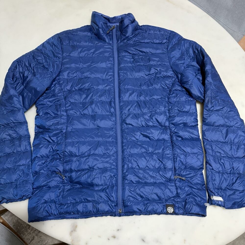 REI Co-op 80% Down Jacket Men’s L Full Zip Lightweight Outdoor Blue Flawed